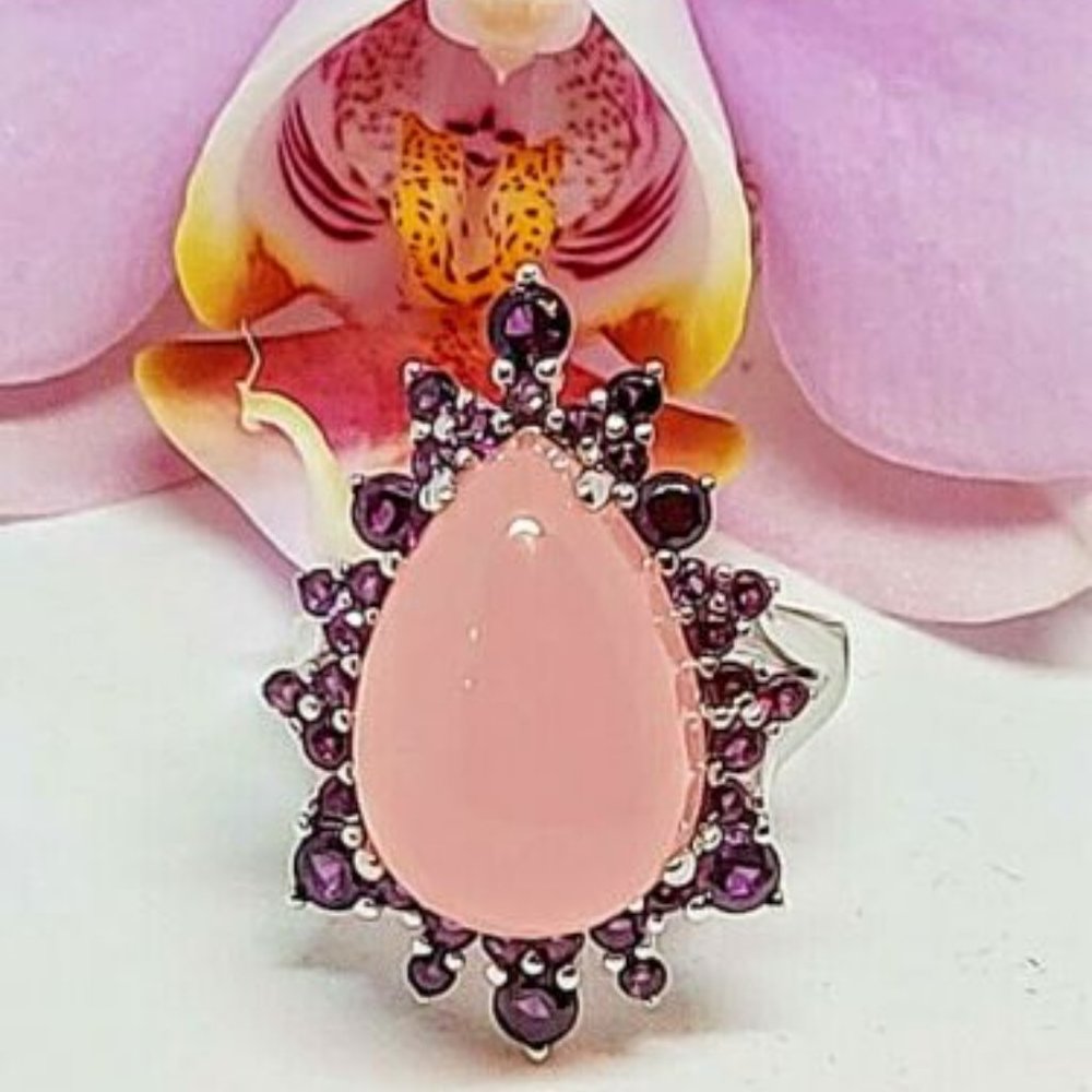 Natural Pink Chalcedony Gemstone Ring 925 Sterling Silver Size 7